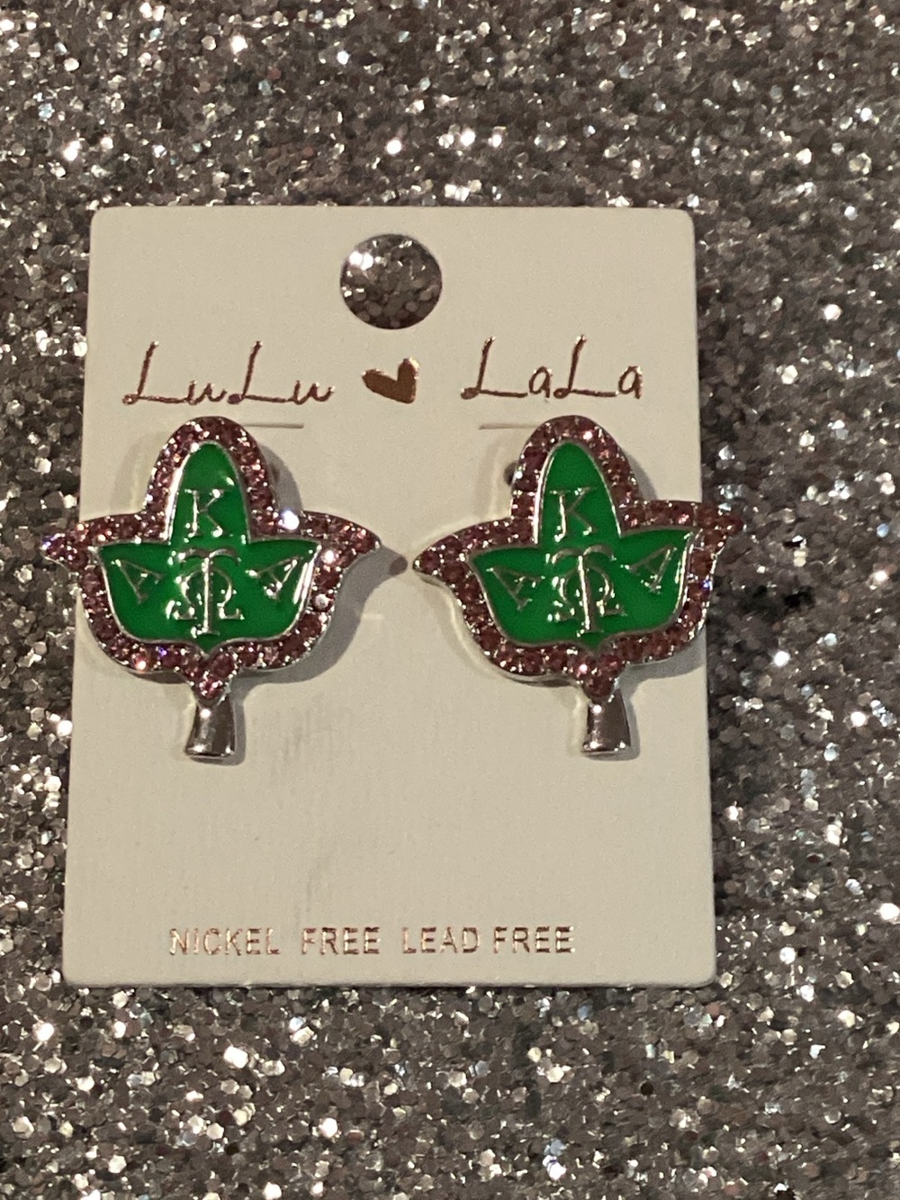 Green Enamel Leaf Stud Earrings with Pink Crystal Border
